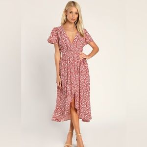 Lulus Flowery Fantasy Red Floral Print Flutter Sleeve High-Low Dress red size m